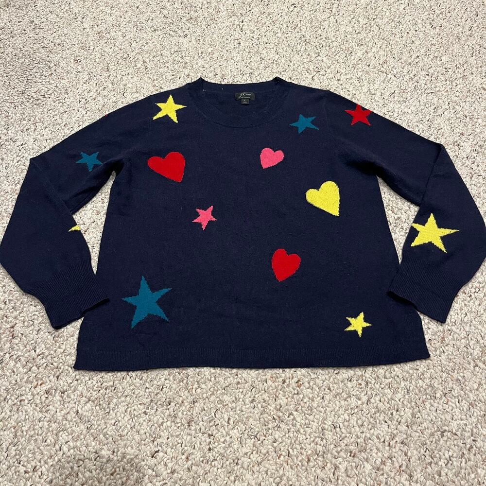 J Crew Cashmere Crewneck Sweater Hearts Stars L Navy Blue Preppy Classic Casual